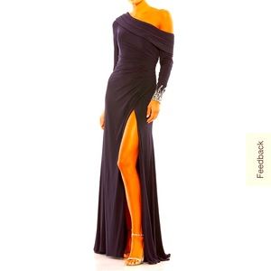 Mac Duggal OFF-THE-SHOULDER JERSEY GOWN W/ JEWEL CUFFS